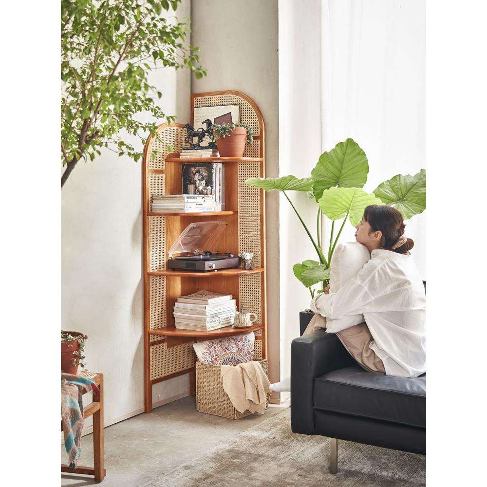 客厅可移动小户型藤编复古日式实木角柜落地书架卧室置物架三角柜