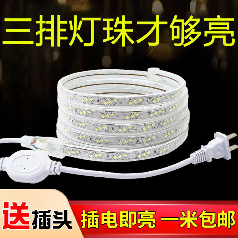 led灯带条超亮工地亮化户外防水220V三排特亮家用灯条一米送插头