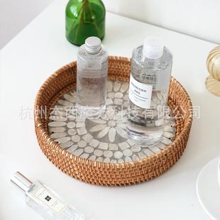 秋藤编织彩色贝壳贴片收纳盘装 饰置物圆盘杂物收纳筐桌面收纳复古