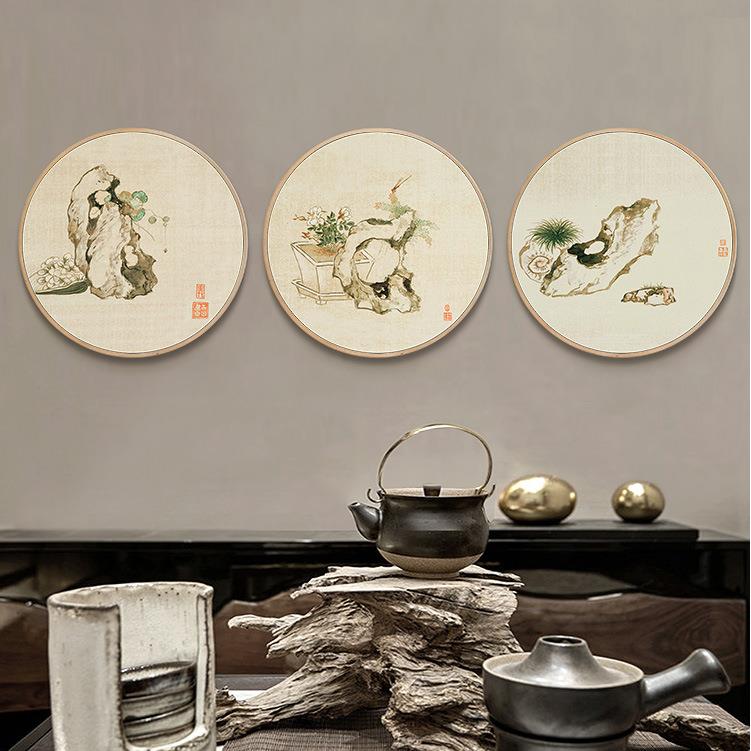 圣仕现代圆框装饰画新中式玄关客厅挂画风景壁画环保圆框画国画