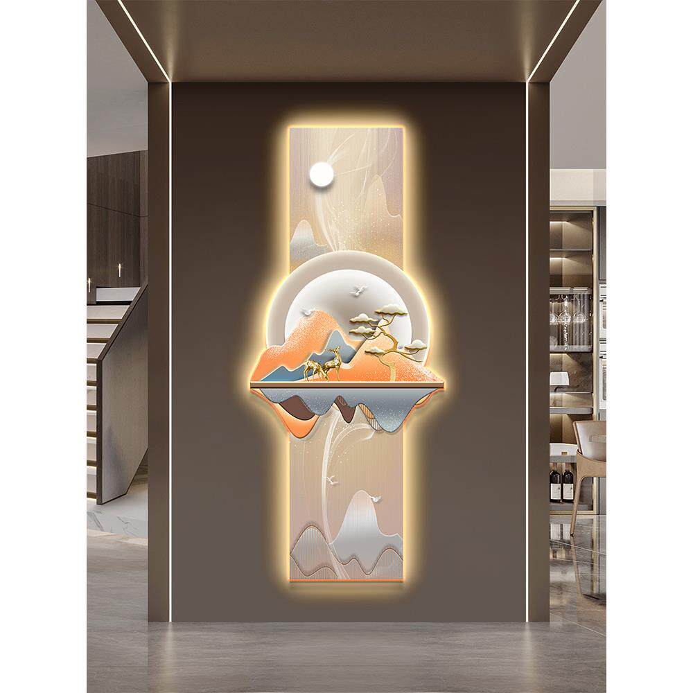 带灯壁灯入户玄关装饰画现代简约走廊过道挂画轻奢正对门壁画竖版