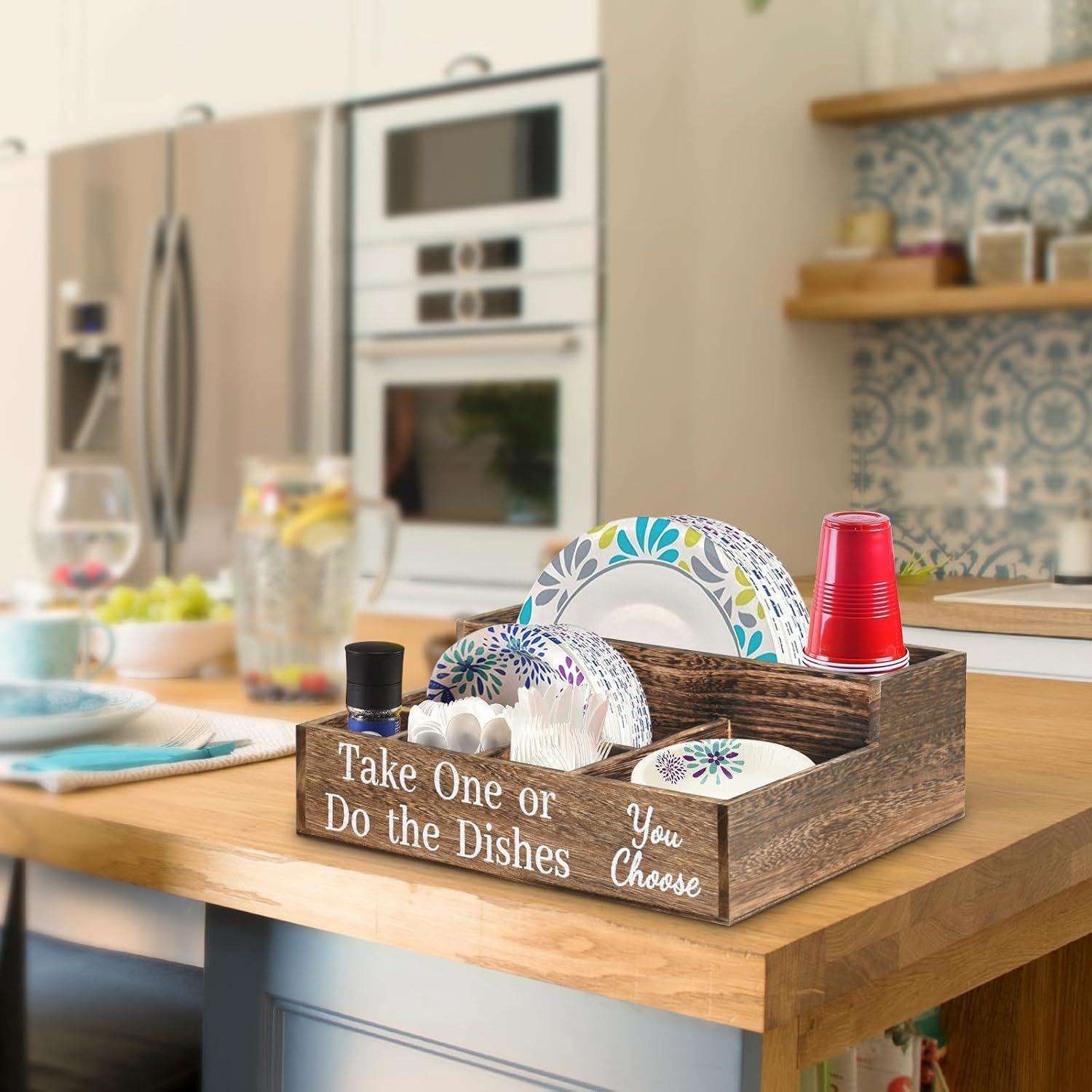 木质分格收纳盒户外野餐纸盘架餐具收纳盒厨房用具收纳整理储物盒