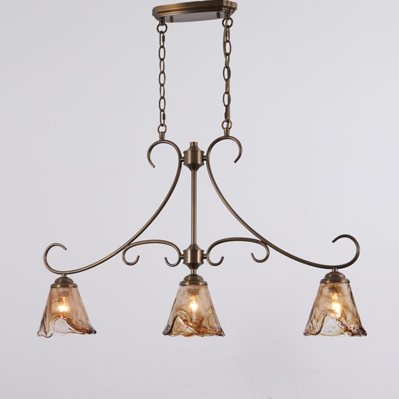 美式全铜餐厅吊灯复古乡村法式长形餐桌中古玻璃吸顶灯