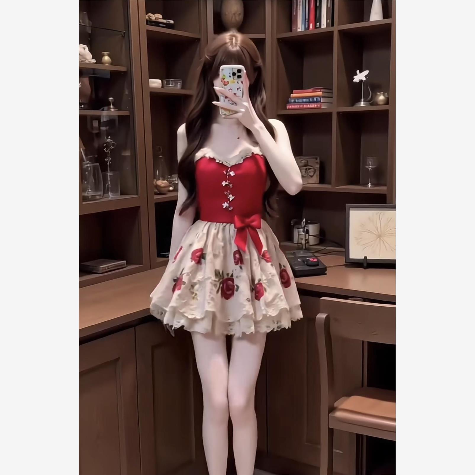 韩式性感甜美辣妹拼接花边印花蝴蝶结收腰设计显瘦减龄蓬蓬连衣裙