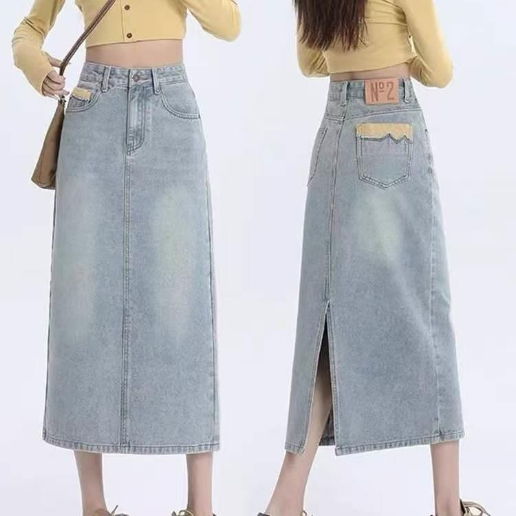 Rouje tusse开叉牛仔半身裙女夏季浅蓝色百搭高腰a字中长开衩裙