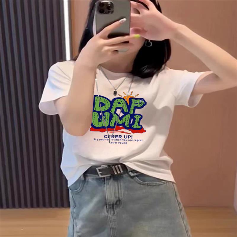韩国正肩纯棉短袖T恤女士2026夏季新款时尚字母印花圆领白色上衣