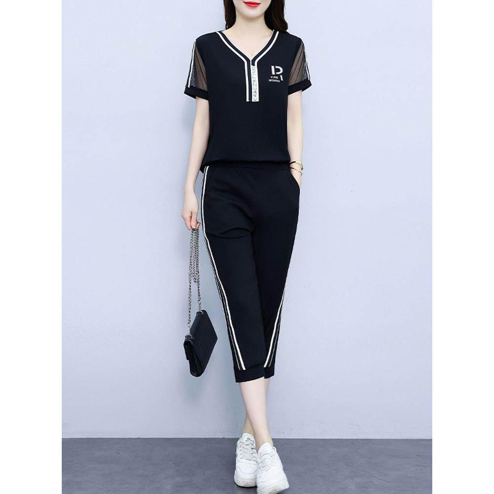 潮牌夏季休闲运动套装女新款大码女装撞色短袖T恤+七分裤两件套潮