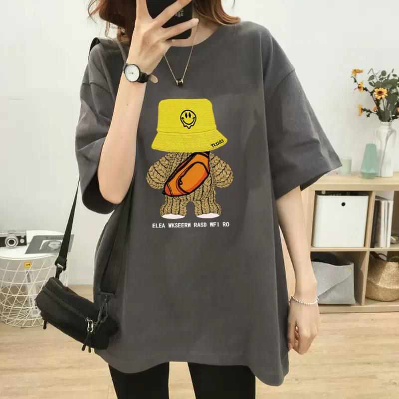 欧洲站短袖T恤女2025新款中长款下半身失踪百搭宽松大码小熊上衣