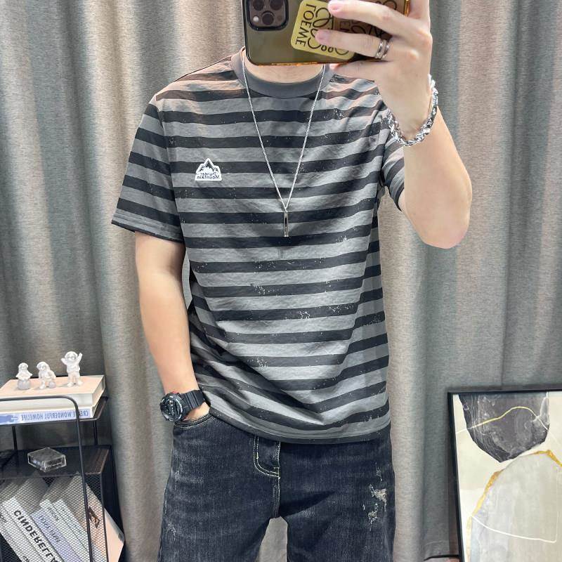 潮牌条纹半袖夏季新款男士天丝棉麻薄短袖t恤高端男装上衣体恤衫