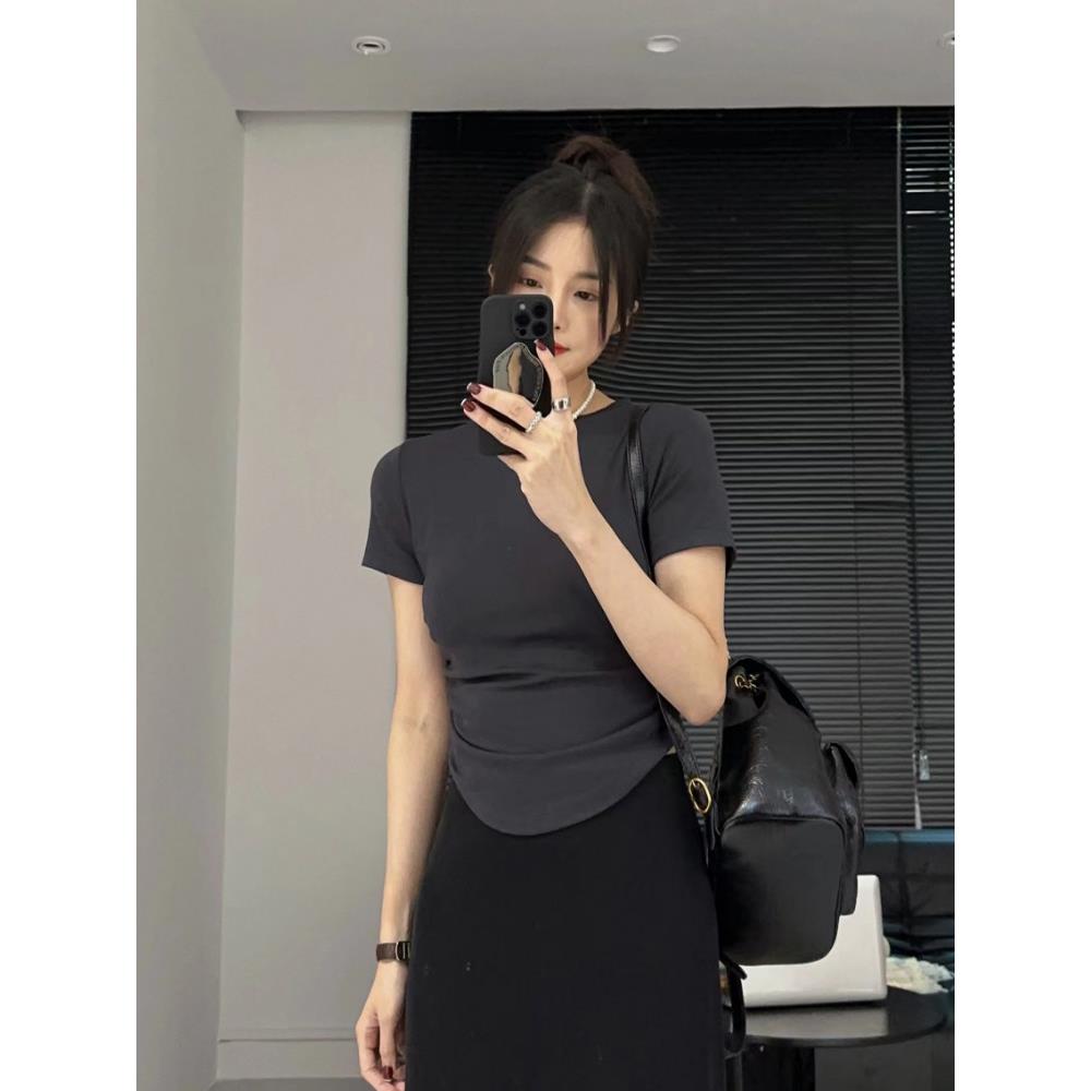 正肩短袖t恤女士夏季新款洋派掐腰小衫修身短款褶皱圆领半袖上衣