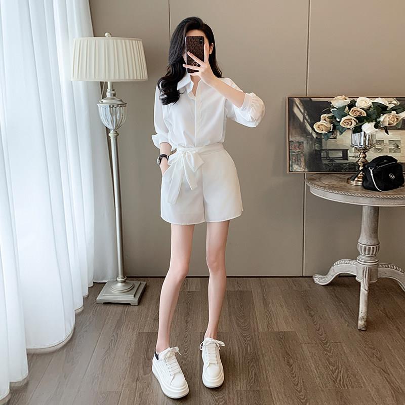 欧洲站白色衬衫套装女时尚洋派上班服高级感休闲上衣短裤两件套潮