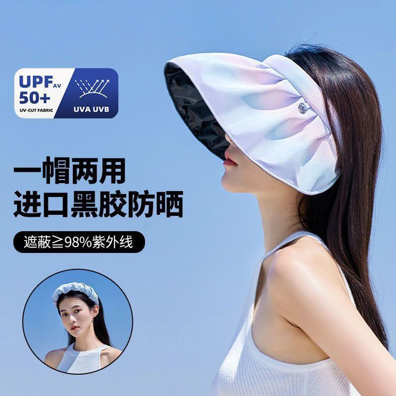 夏季大檐防晒帽夏季防紫外线黑胶发箍渐变色遮阳空顶太阳帽遮全脸