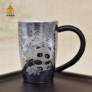 银杯子999纯银茶缸杯手工卡通熊猫银茶杯办公家用咖啡杯啤酒杯