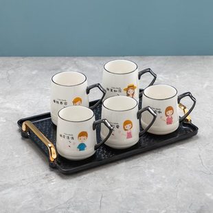 具杯 儿童礼物杯亲子陶瓷水杯卡通家庭杯架杯带托盘客厅茶壶套装