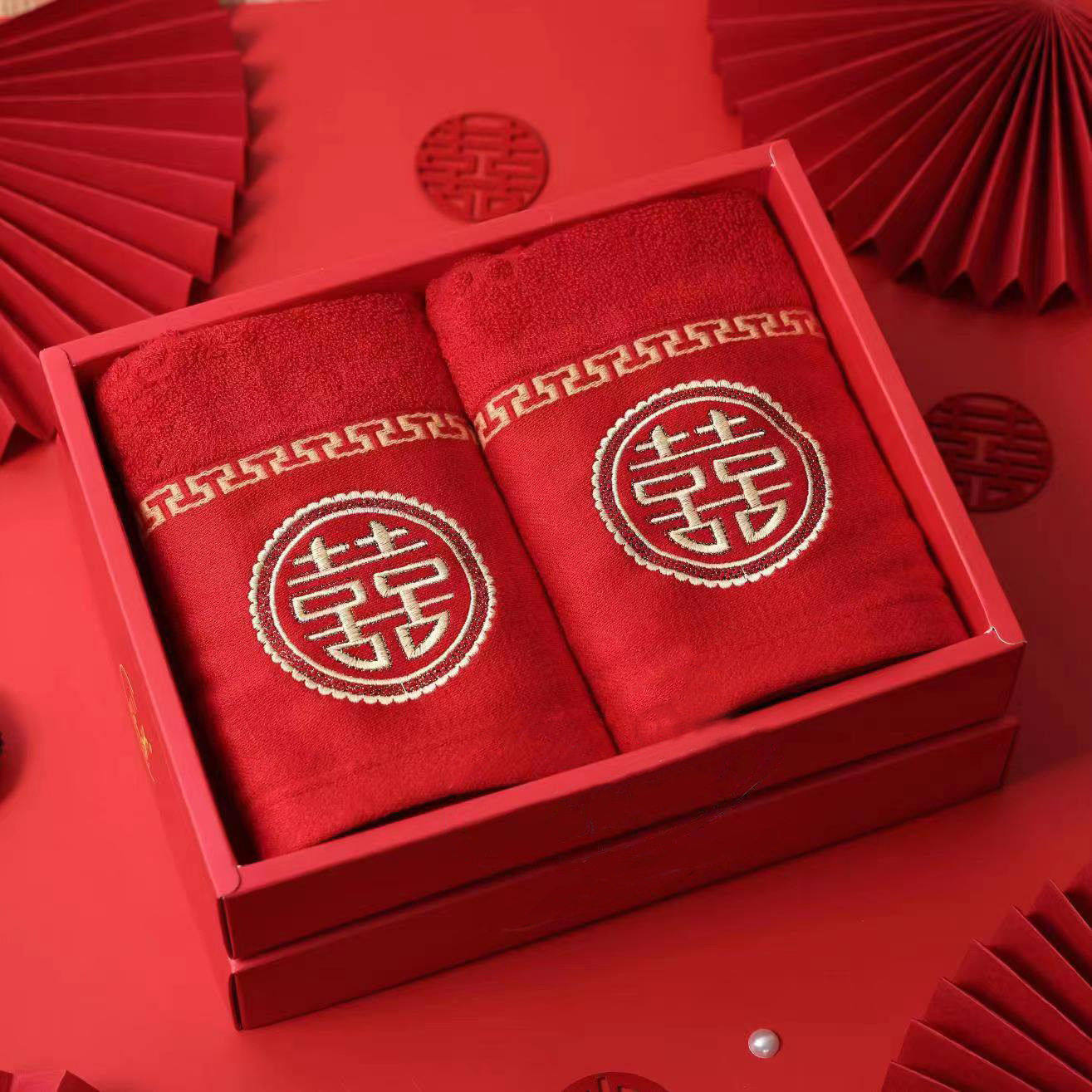 婚庆礼品红毛巾 纯棉婚礼回礼毛巾囍字面巾喜事情侣大红毛巾