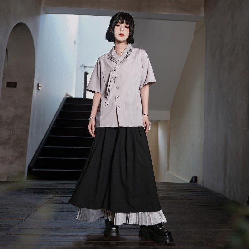 古怪舍「铸」新中双层压褶大阔腿xpGeH1DM裙裤式女黑风色魂国高腰