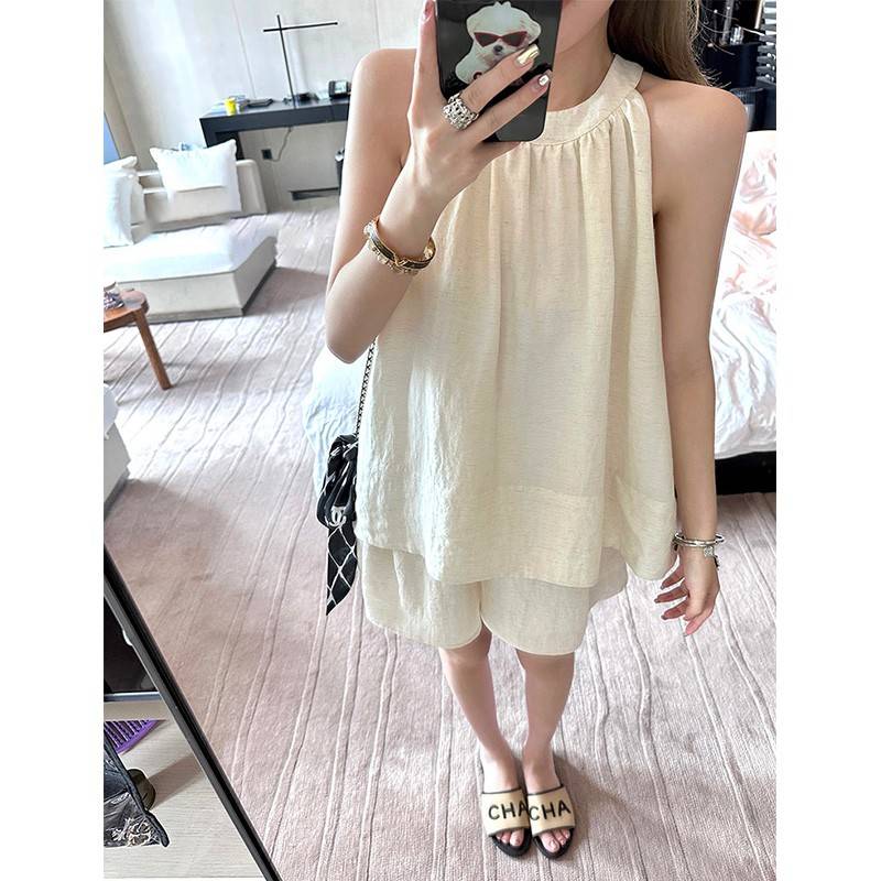 韩天丝亚麻套装女202夏季Cnfmr1jC新款小个子5系两套无袖上件衣短