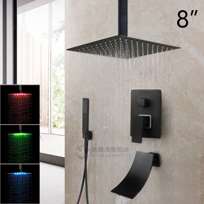 Matte Black Bathroom Shower Faucet Rainfall TQub LED Bathtub