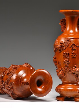 花梨木雕花瓶摆i件新中式金玉满堂家居客厅插花装饰乔迁送礼工艺