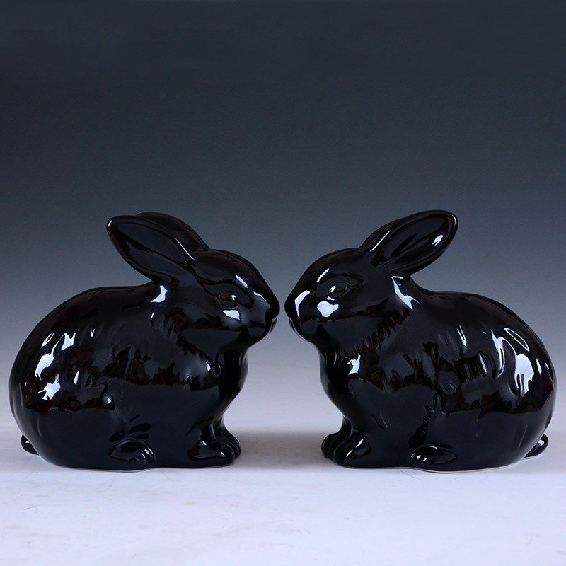陶瓷黑色招财生肖小兔子摆件一对生日礼物可爱创意V桌面小年装饰,家居饰品,装饰摆件,淘宝优惠券,粉丝福利购,淘宝优惠卷