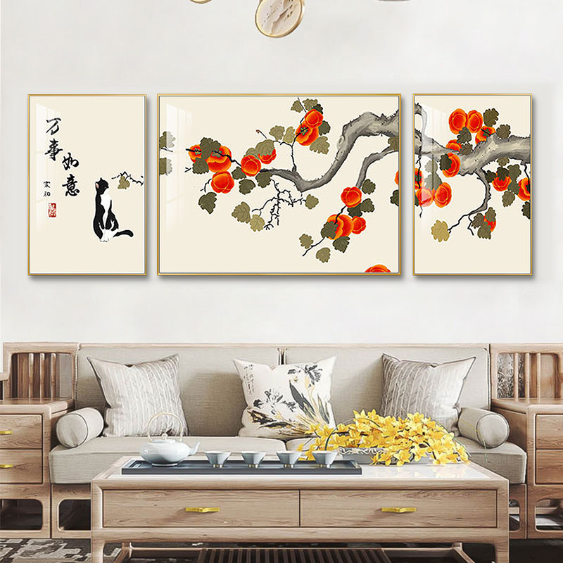新中式客厅装饰画柿子组合三联画事事如意L沙发背景墙壁挂画寓意,家居饰品,现代装饰画,淘宝优惠券,粉丝福利购,淘宝优惠卷