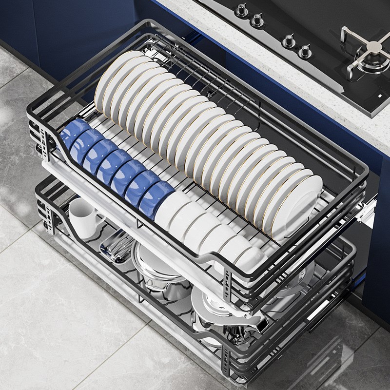 厂家厨房拉篮橱柜内置收纳碗碟架实心304不锈钢抽屉式调味篮