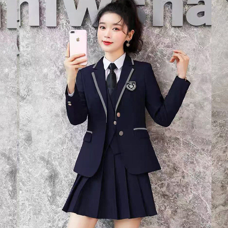 洋气西装套装女百褶裙职业学院风外套老师马甲套装英伦风团体服装