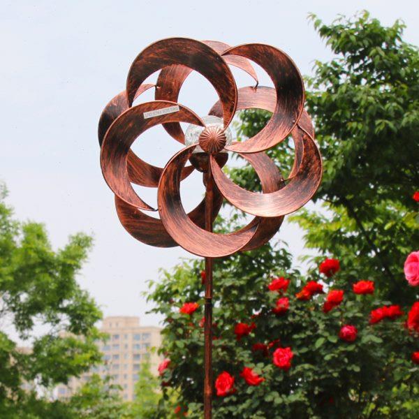 古铜色铁艺摆件太阳能灯风车幼儿园装饰旋转景观彩色户外花园创意