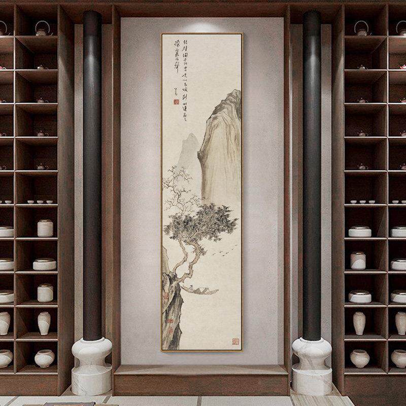 新中式山水画 画玄关竖版长条国画 画客厅过道挂画 画书房茶室装