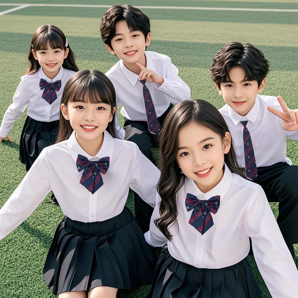 儿童白衬衫长袖男童衬衣黑裤女童表演出服小学生运动会毕业照班服