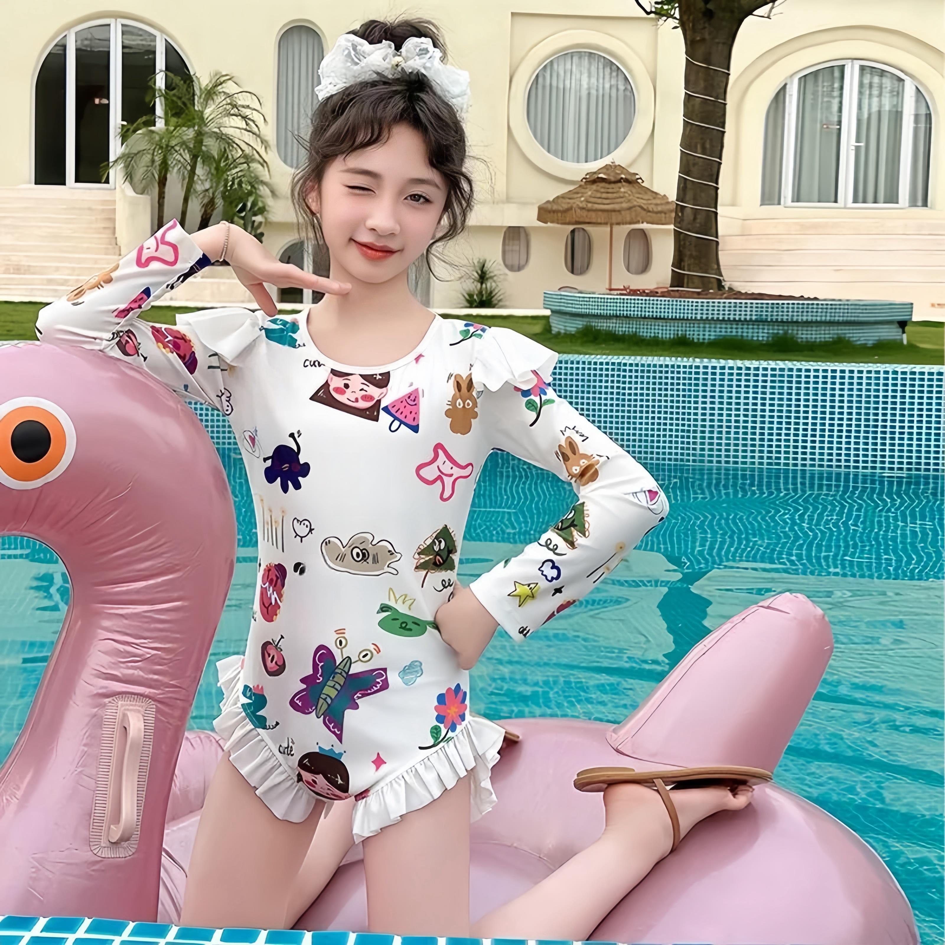 女童连体长袖夏季速干泳衣2025新款洋气中大儿童泳装小女孩游泳衣