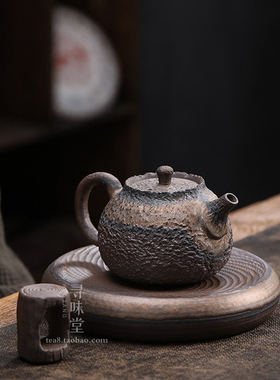 鎏金粗陶正把壶复古p手工茶壶石纹古早烧铁釉锤纹壶陶瓷功夫茶具