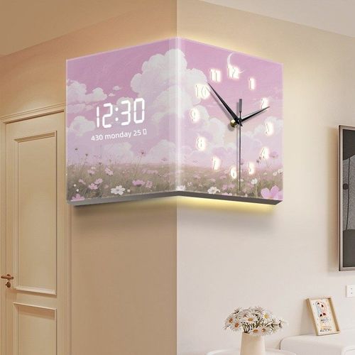 浪漫花海艺术挂钟客厅2025新款转角双面时钟奶油风拐角挂墙钟表画