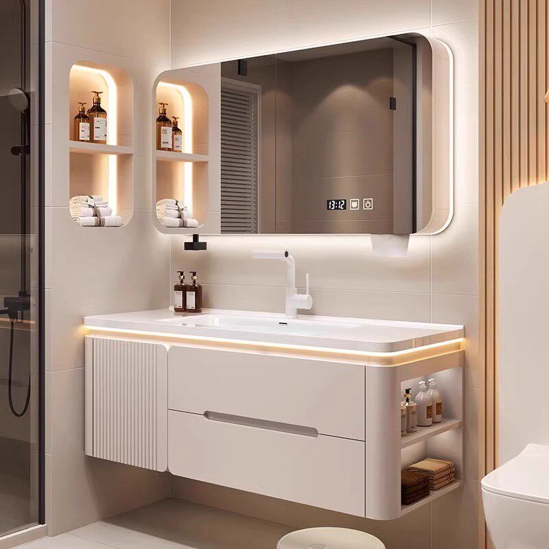 奶油风橡木浴室柜陶瓷一体盆洗漱台卫生间洗手洗脸盆柜侧边收纳柜