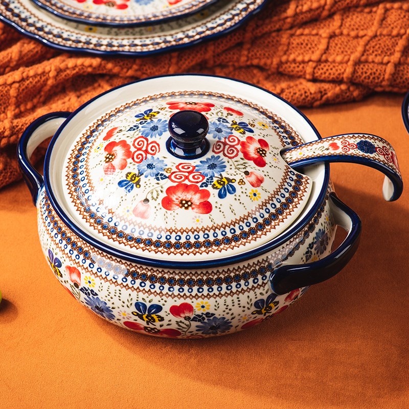 波兰带盖汤锅2L双耳汤碗家用陶瓷复古餐具汤碗大容量酸.菜鱼大盆