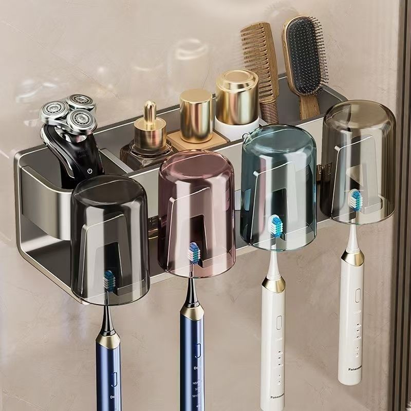 太空铝牙刷置物架免打孔漱口杯刷牙杯卫生间壁挂式家庭电动牙膏架
