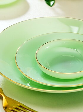 绿色玉瓷餐具碗盘家用盘子汤碗饭碗中式碗碟套装玉Z碗陶瓷瓷碗