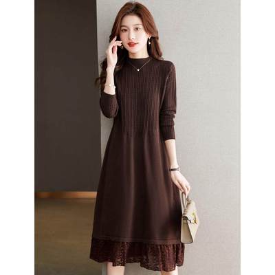 半高领配大衣毛衣裙女士秋冬中长款蕾丝针织连衣裙打底针织连衣裙