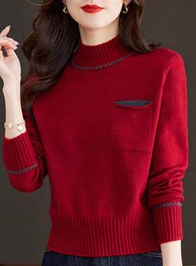 红色短款毛衣女秋冬新款高腰时尚小个子内搭半高领针织打底羊毛衫