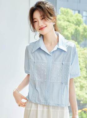 女式蓝色正肩短袖真丝桑蚕丝衬衫2025新款爆款翻领宽松气质女上衣