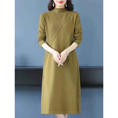 半高领针织连衣裙女秋冬新款中长款过膝配大衣内搭打底衫毛衣裙女