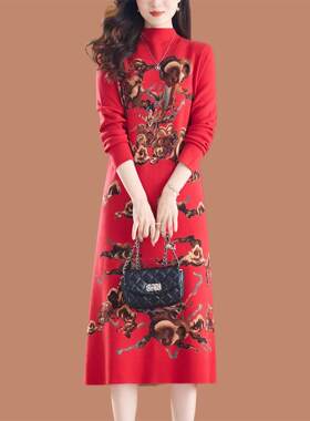 红色印花羊毛连衣裙女秋冬新款气质中长款毛衣裙高级感针织连衣裙