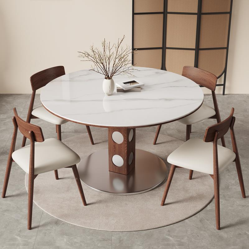 北欧复古全实木板圆饭形餐桌椅组合用带转盘网QC-035A岩红餐厅酒