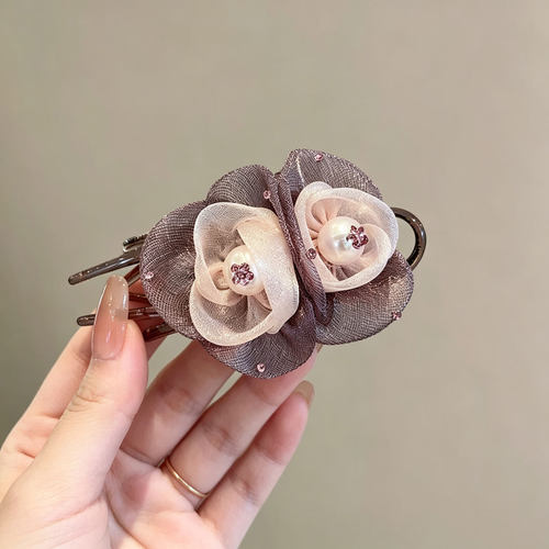 双花朵珍珠绢纱大号三齿鸭嘴夹子