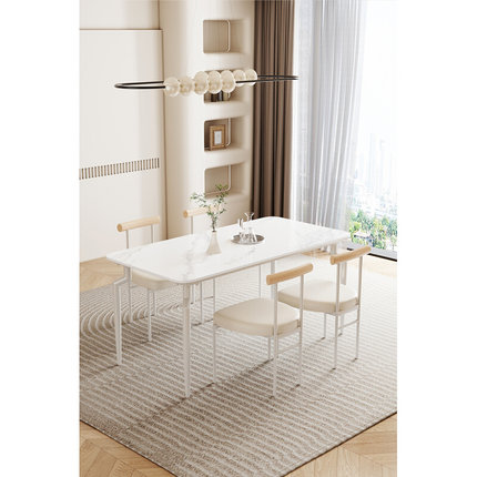 奶油风岩板餐桌一体现代简约家用法式高级岩板餐桌椅子组合小户型