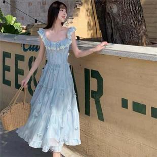 2025蓝色长款雪纺印花小飞袖吊带连衣裙女春季法式甜美显瘦裙子