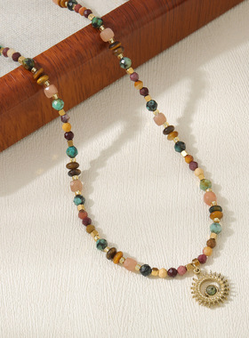 法式暖色复古虎眼石太阳花吊坠