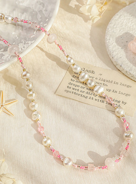 ins小众设计锁骨链韩系甜美配饰粉色系米珠串珠天然淡水珍珠项链