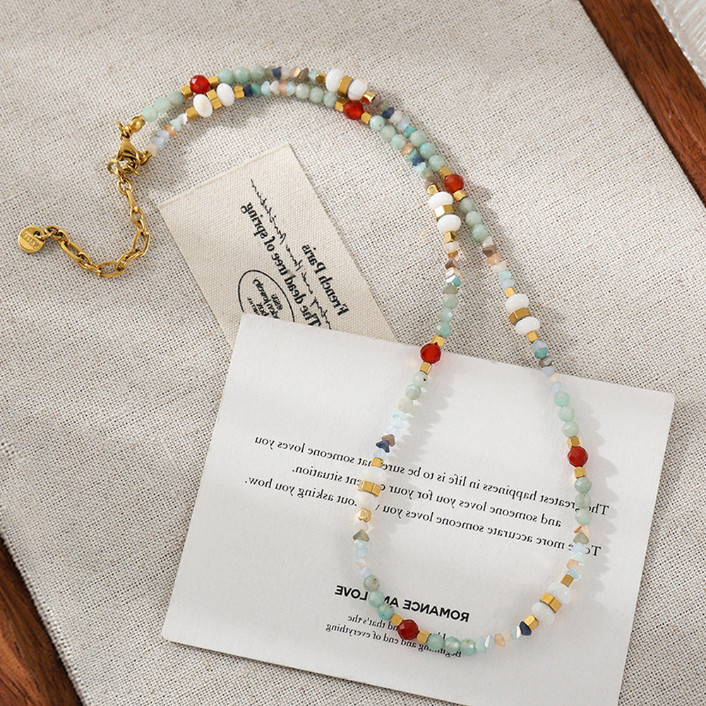 新款贝壳彩色多巴胺项链女不褪色小众锁骨链红玛瑙天然石串珠