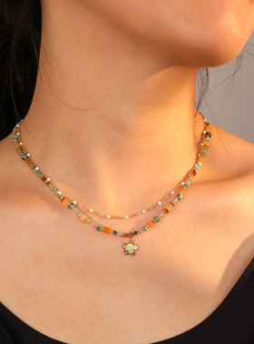 花瓣坠 民族风彩色天然石手工项链设计捷克珠串珠小众锁骨链女夏